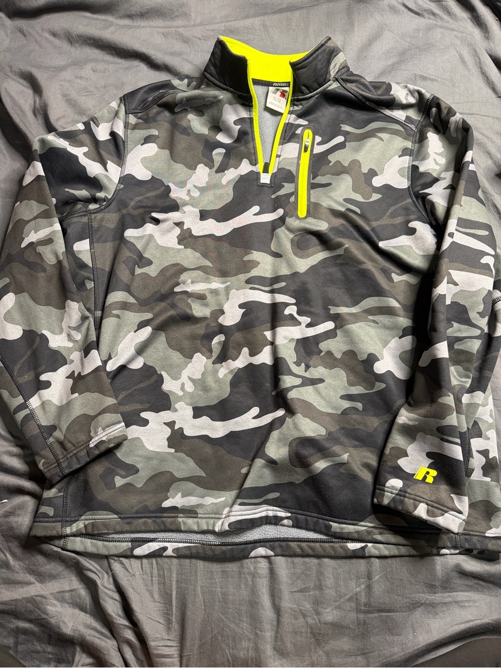 Russell Athletic Gray Camo Quarter-Zip Pullover with Neon Yellow Accents